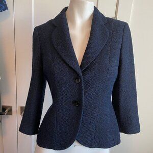 Precis Tweed Cloverleaf Notch Label 3/4 Slv Lined 2 Button Jacket Blue Blk Sz 6